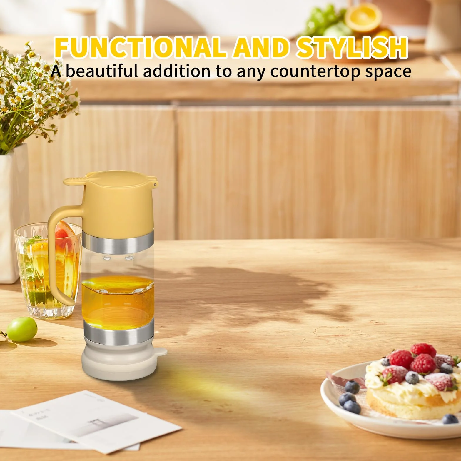Tefola Dispenser per miele, in vetro, per sciroppo d'acero, antigoccia, con manico, accessori per caffetterie per pancake, caffè, ciotole per cereali, insalata, cucina e bar (giallo, 315ml)