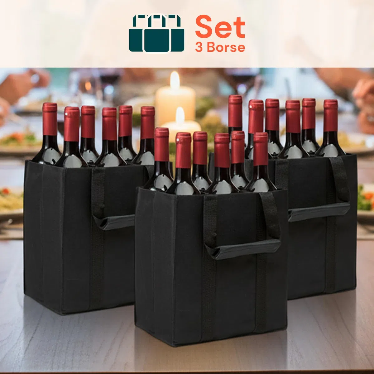 Avilia Porta Bottiglie Set 3 Borse – Portabottiglie Acqua Vino Birra 6 Bottiglie 1,5L, Borsa Porta Bottiglie Impermeabile Oxford, Struttura Rigida Antiurto, Riutilizzabile Ecologica, Picnic Spesa