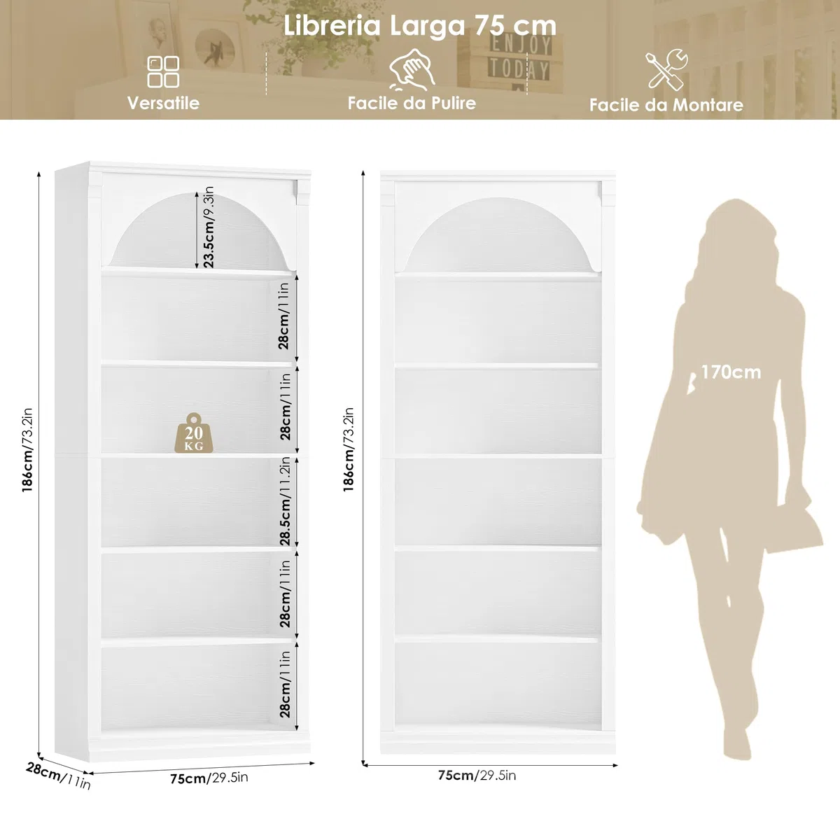 FirFurd Libreria Verticale, Libreria da Arco a 6 Ripiani, Scaffale Portaoggetti con Scomparti e Ripiani Aperti, per Soggiorno, Ufficio, Studio, Camera da letto, 75x27.7x186cm (Bianco)