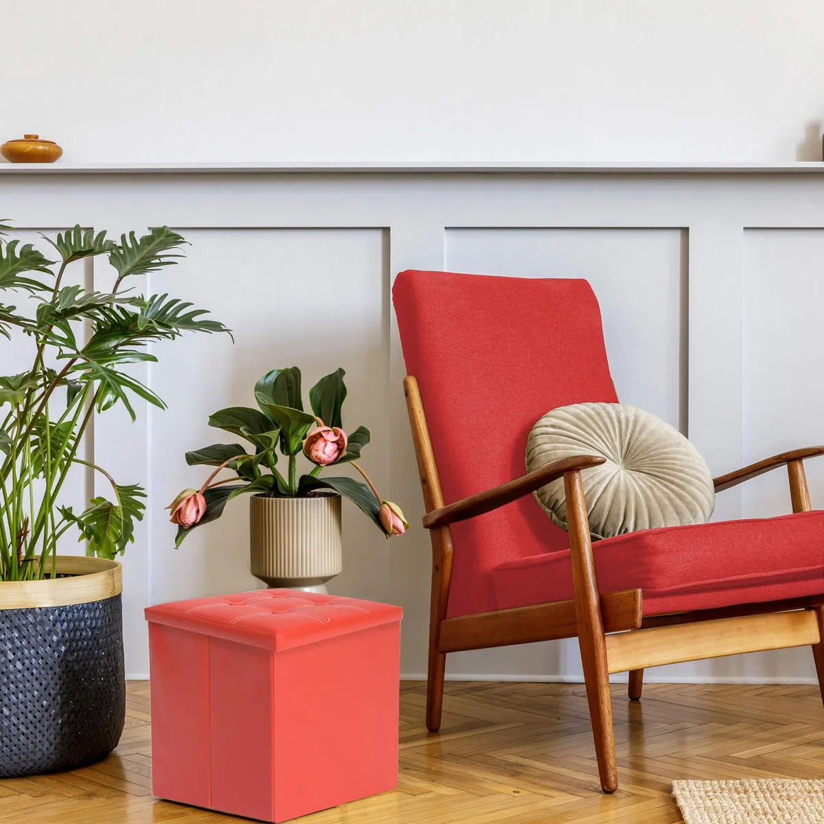 Rebecca Mobili Pouf Contenitore, poggiapiedi Seduta Rosso, cubo, Legno MDF Finta Pelle, Arredamento Moderno - Misure 30 x 30 x 30 cm (HxLxP) - Art. RE4900