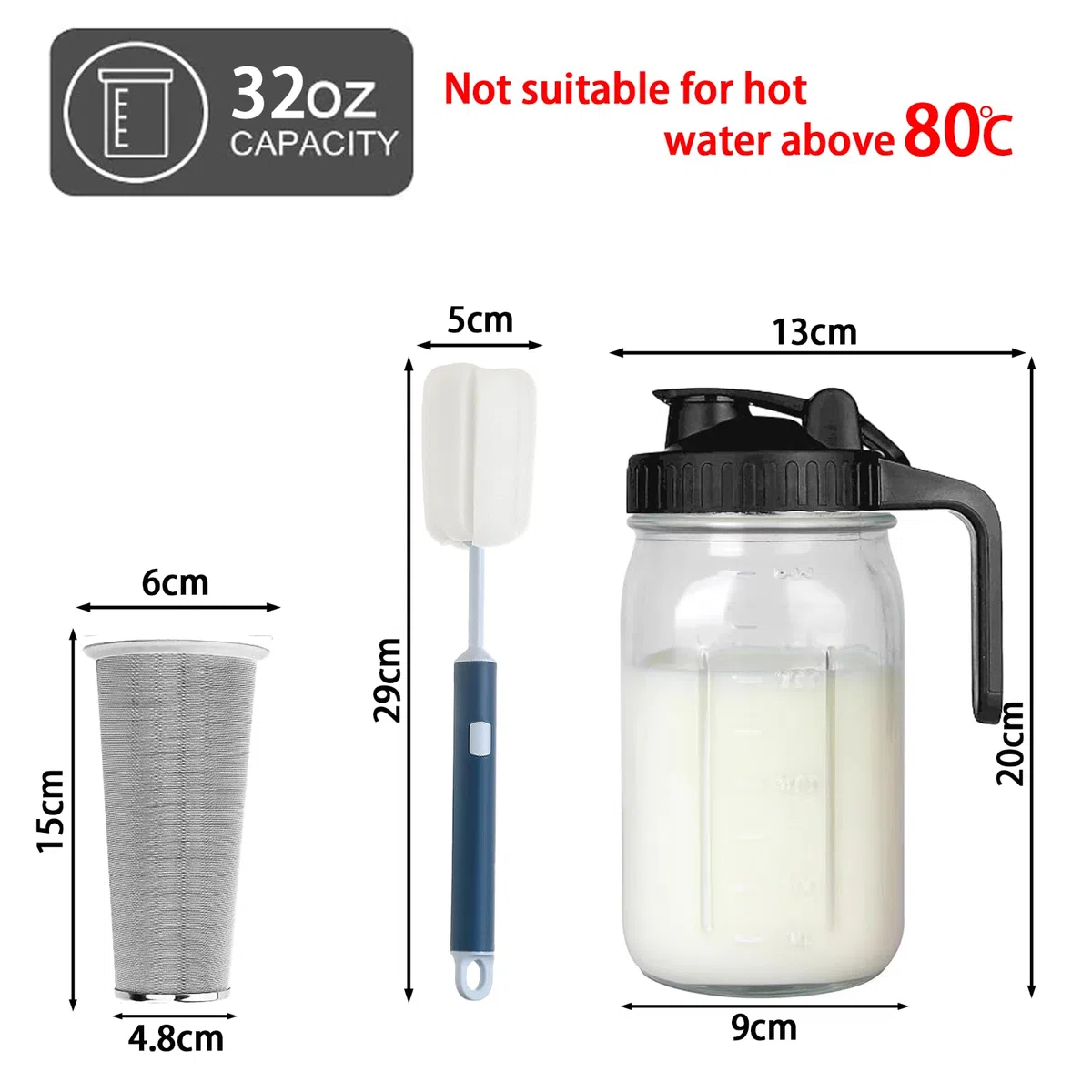 Brocca per caffè freddo, in vetro spesso, con filtro in acciaio inox, coperchio a prova di perdite, manico ergonomico per caffè freddo, tè, limonata, bevande fatte in casa (nero, 907,2 g)