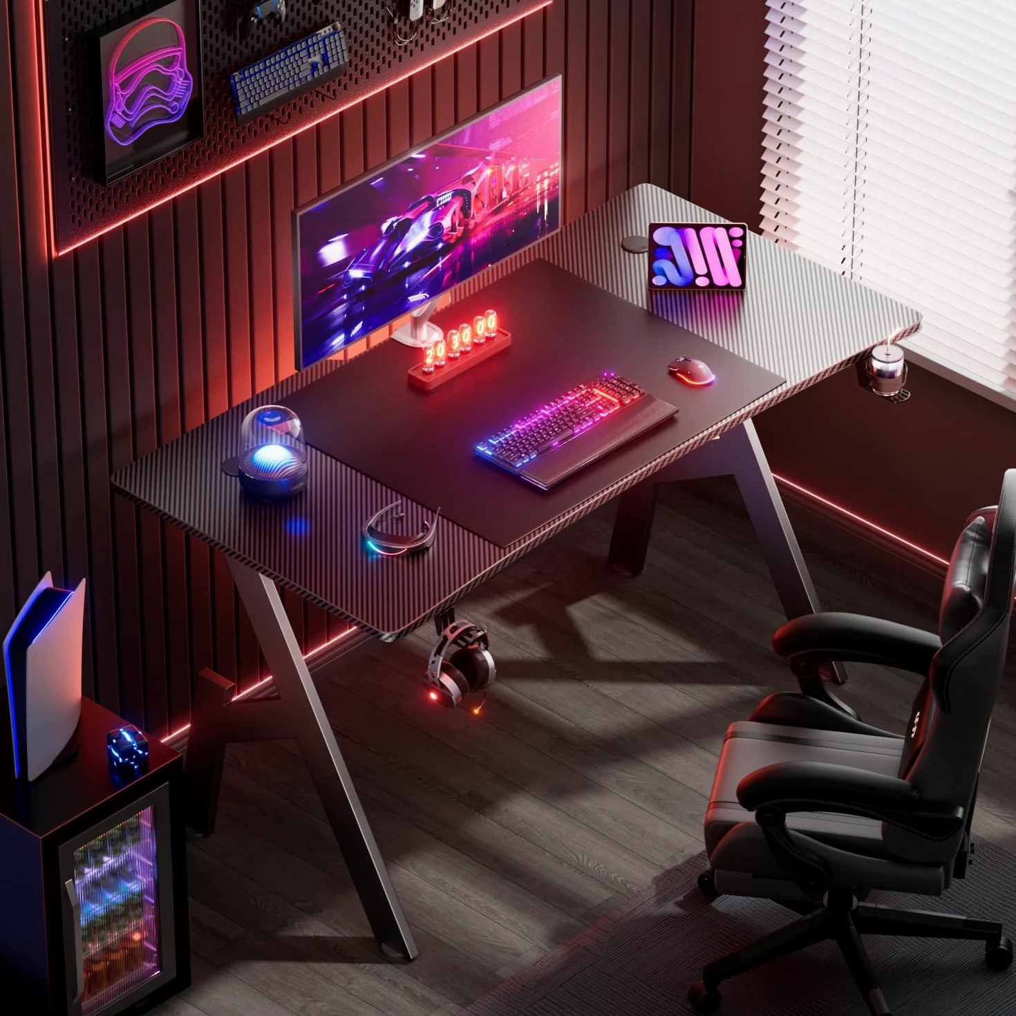 HLFURNIEU Scrivania Gaming Ergonomica, 120 x 60 cm Tavolo da Computer, Scrivania Gamer con Porta Bicchiere e Gancio per Cuffie, Piano del Tavolo in Fibra di Carbonio Impermeabile, Nero