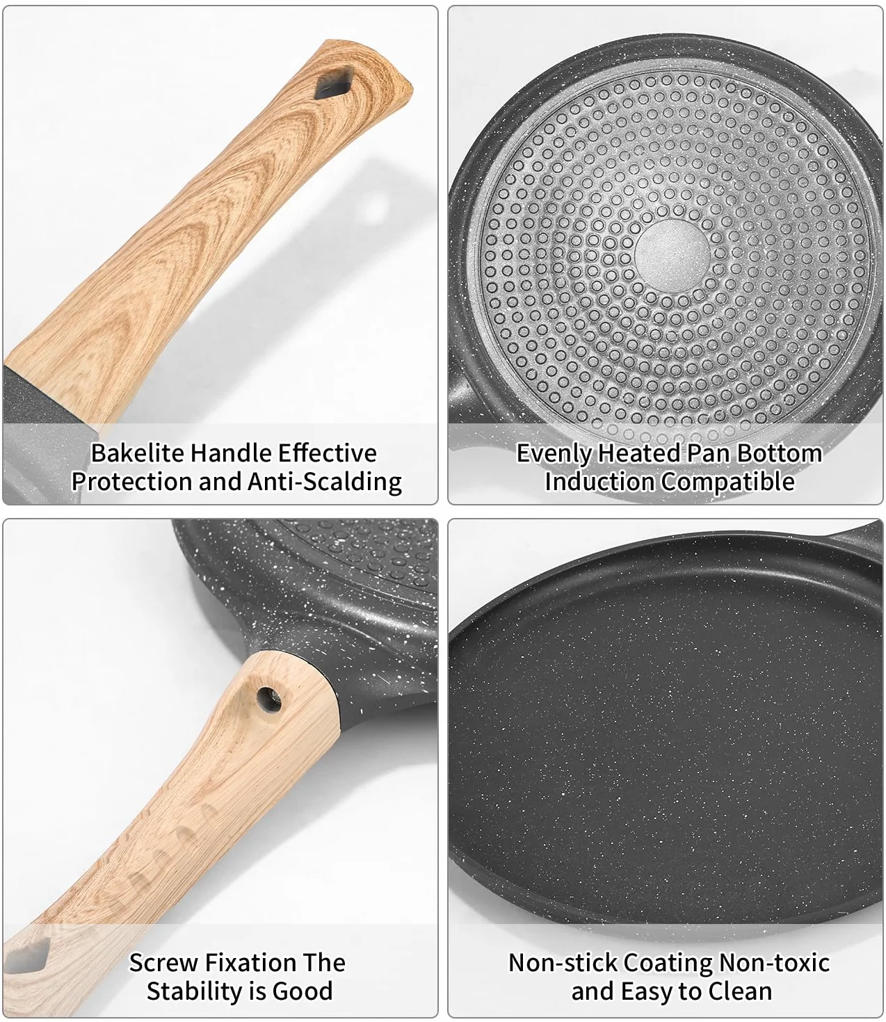 Padella crepes antiaderente nera 28 cm con rivestimento antiaderente in granito svizzero, manico in bachelite, compatibile EMC, senza PFOA