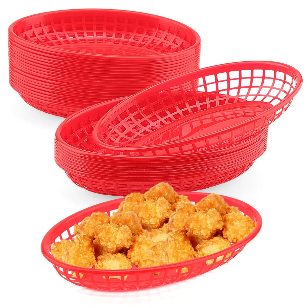 MUKCHAP 40 cestini in plastica rossa per fast food, 23 x 14,5 x 4 cm, ovali cestini rossi per fast food, cesti in plastica per alimenti, per patatine, panini, hamburger