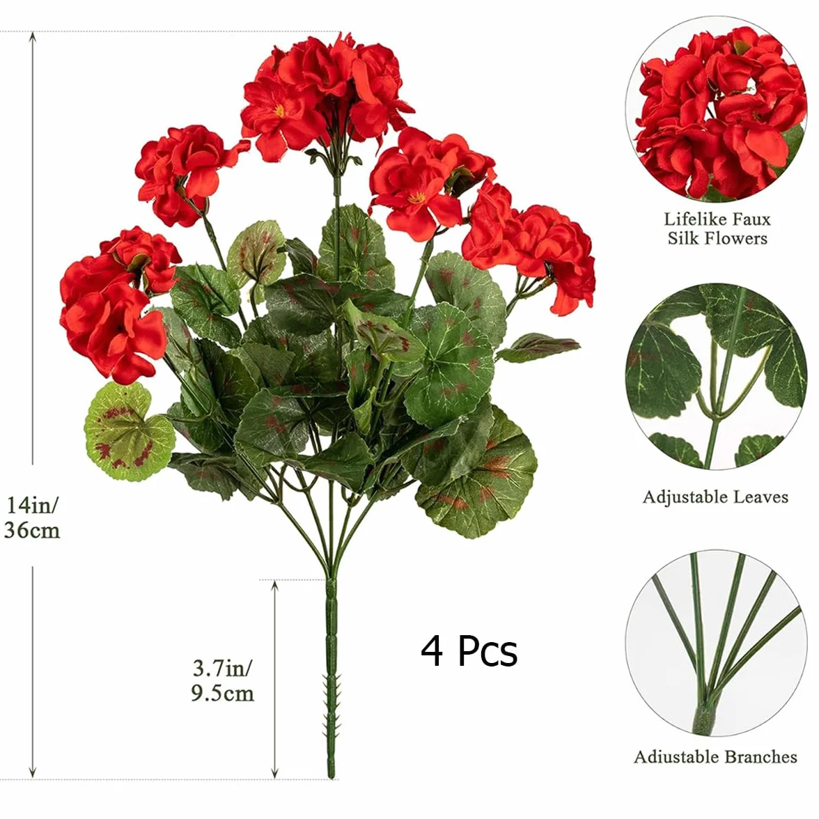 Laelfe 4 Pcs Gerani Rossi Finti da Esterno, Fiori Finti Artificiali Geranio per Esterno Balcone Patio Cimitero Sospensione di Fioriere Decorazione per Tavolo (Rosso-4 Pcs)