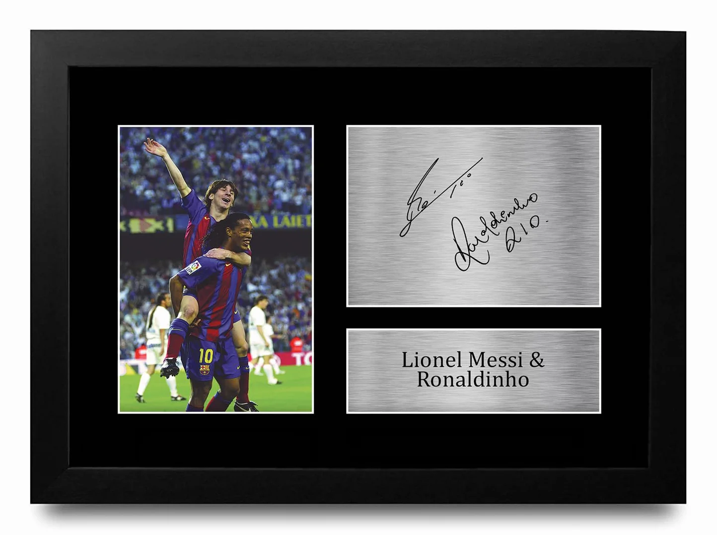 HWC Trading FR A4 Lionel Messi & Ronaldinho Barcelona Regali Stampati Autografo Firmato Foto Per Gli Appassionati Di Calcio E Sostenitori - A4 Incorniciato