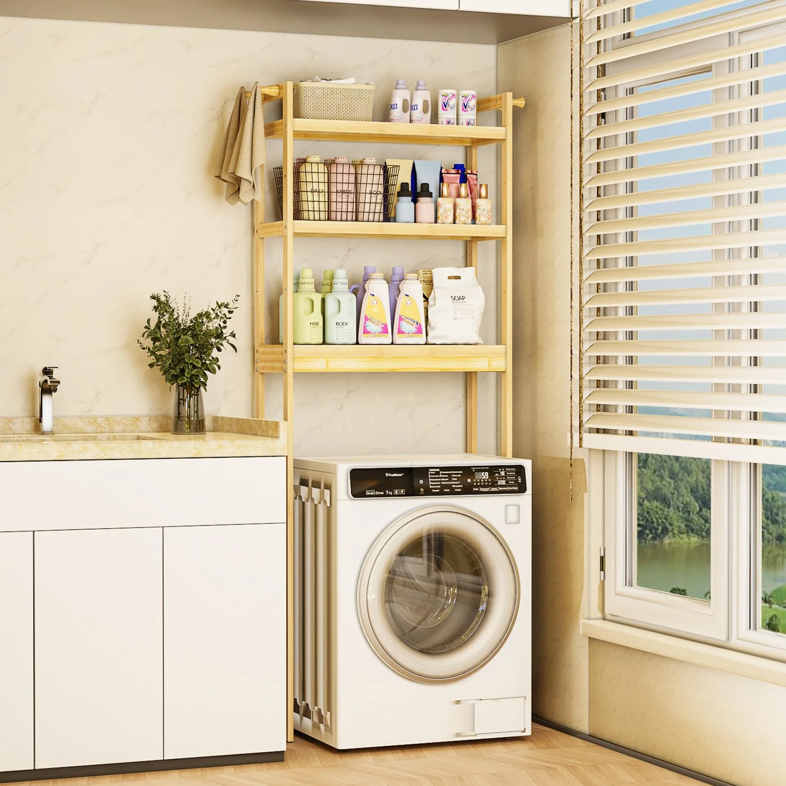 unho Scaffale Mensola per Lavatrice: Bagno Mobile Sopra WC in Bambù Portaoggetti Ripiani Regolabili Salvaspazio Scaffalatura per Lavatrice 63x26x170 cm