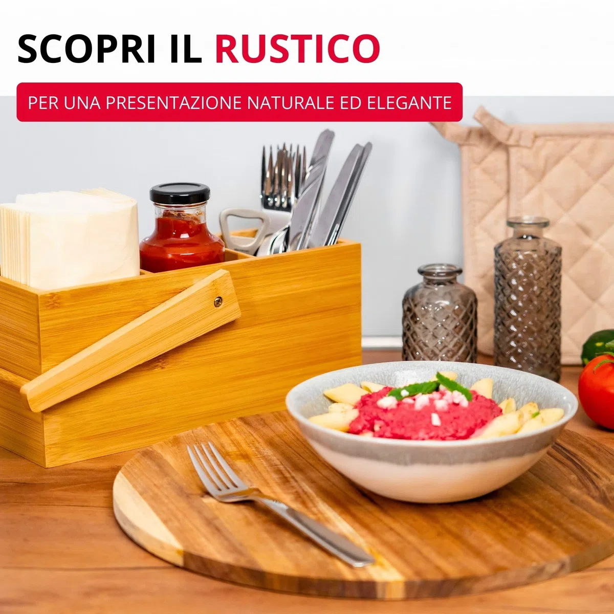 Westmark Cestino portaoggetti da cucina, 3 scomparti, Con maniglia, Dimensioni: 26,5 x 27,8 x 10 cm, Bambù, Tapas + Friends, Marrone chiaro, 69822270