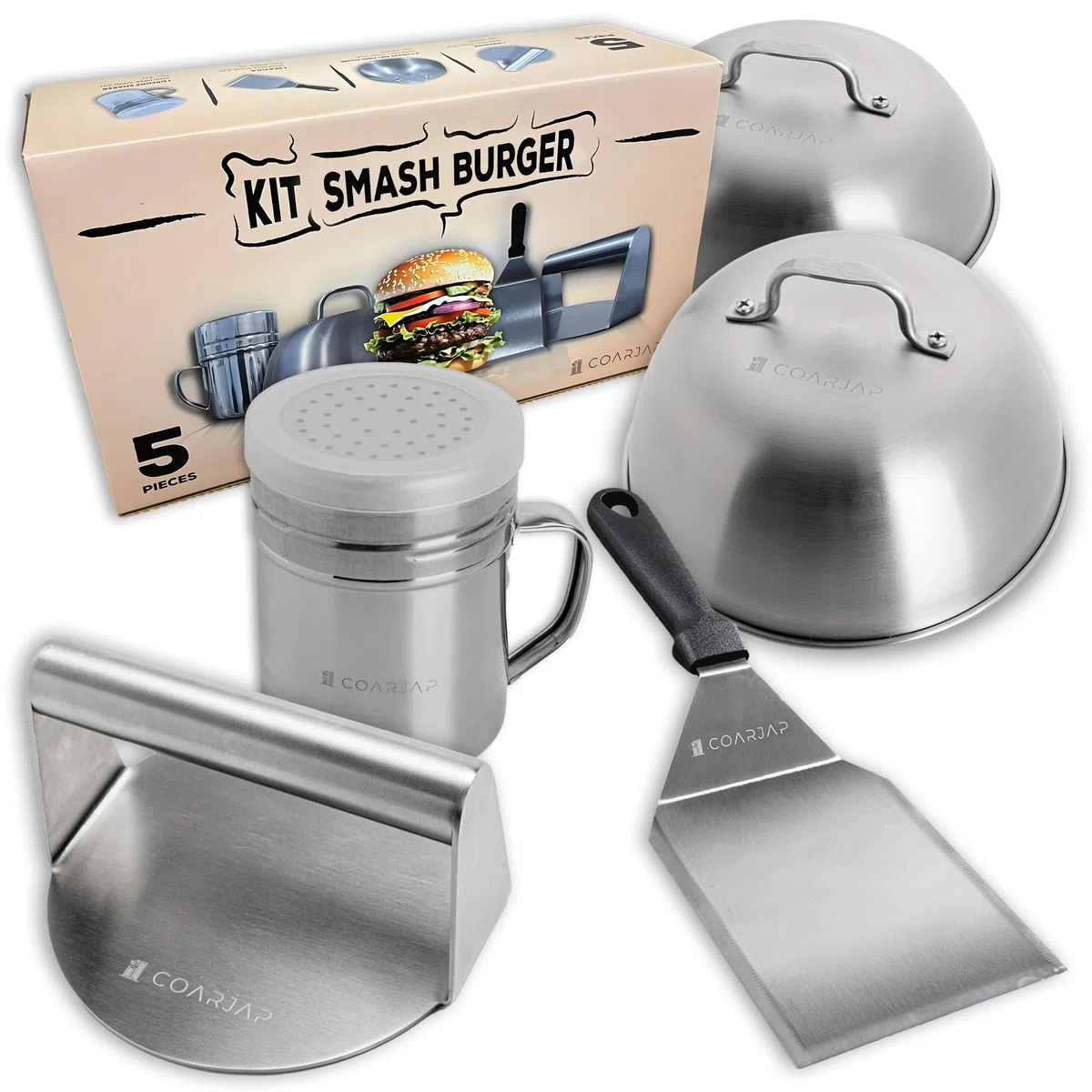 Smash Burger Press Kit – Include 1 Pressa per Hamburger, 1 Spatola, 2 Cloche per Hamburger e 1 Spargi Spezie – Certificato UE per Contatto con Alimenti