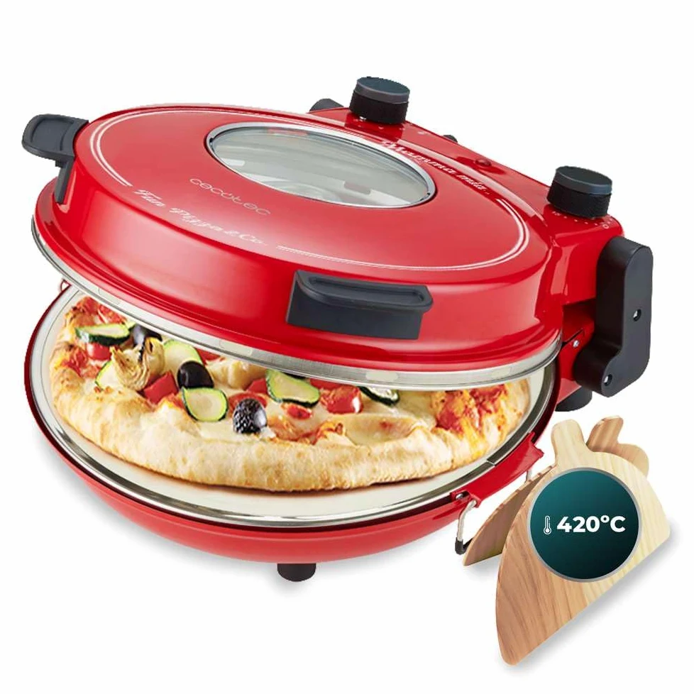 Cecotec Forno grill elettrico per pizza Fun Pizza&Co Mamma Mía Vista, 1200 W, Timer 15 min, Temperatura massima di 420ºC in 3 min, Finestra di visualizzazione, Piastra in pietra, Rosso