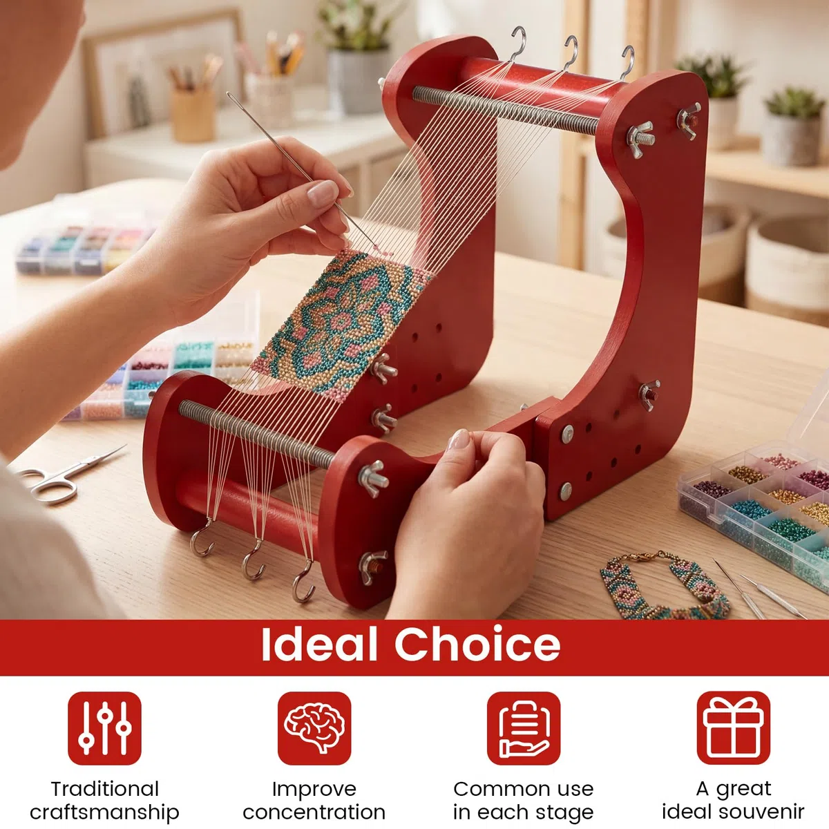 Cornice in tessuto con perline, set di cornici regolabili in legno con 4 opzioni di lunghezza, pennelli, pinzette, ganci, guarnizioni, piume, supporti in ferro e istruzioni per l'uso per adulti per la