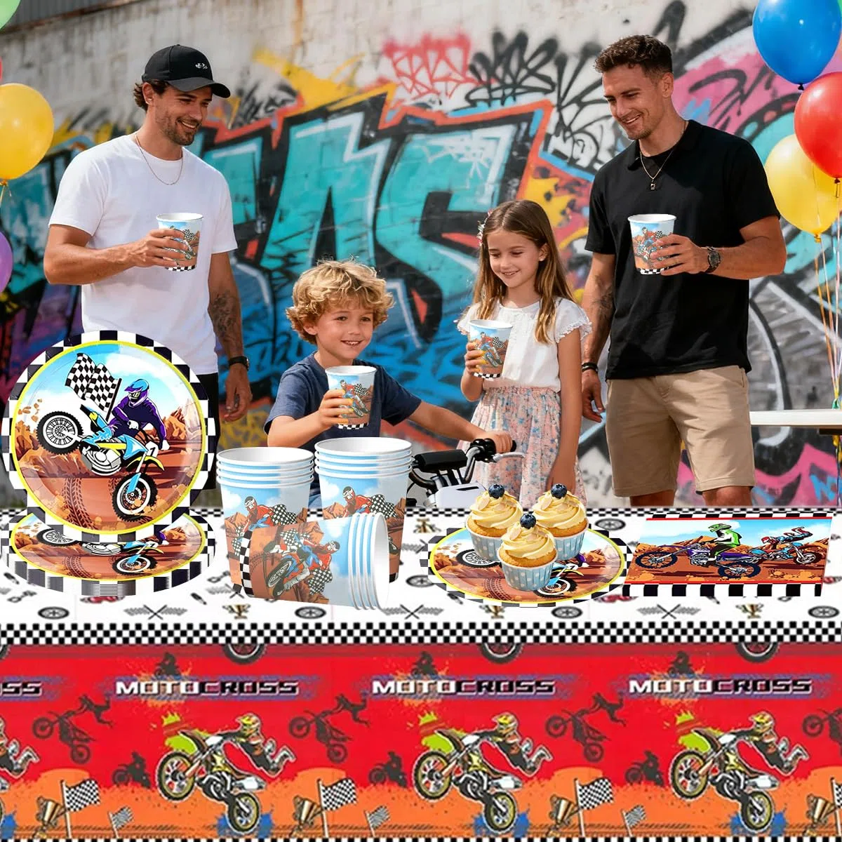 Set di 61 stoviglie da motocross, accessori per feste da corsa, decorazione di compleanno per bambini, tra cui bicchieri di carta, tovaglioli e tovaglia, adatto per 20 ospiti