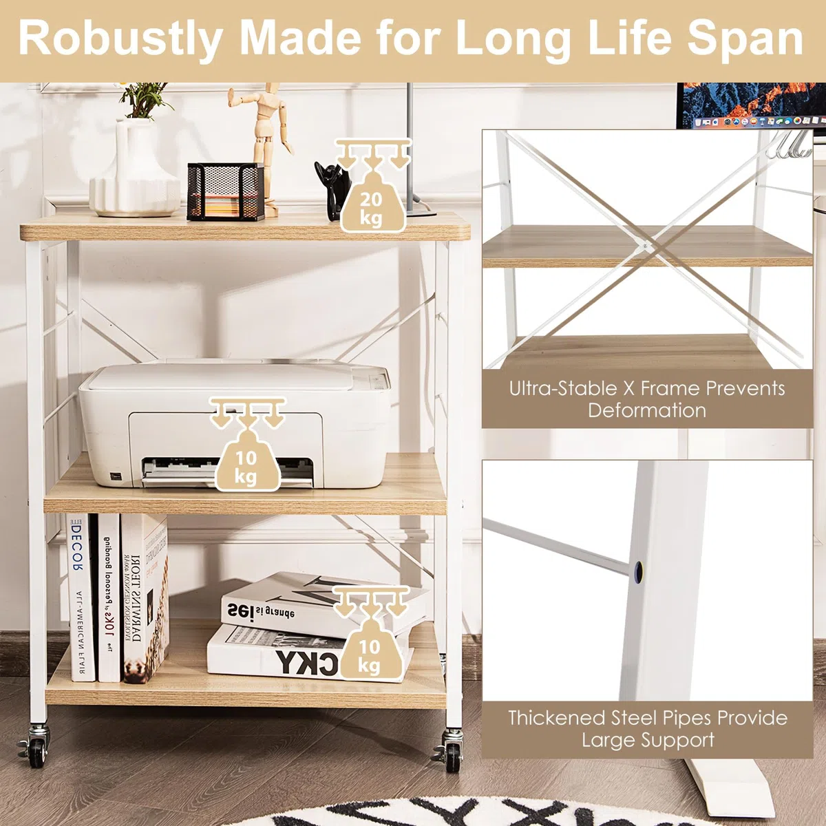 HOMASIS Carrello Porta Stampante a 3 Livelli in Legno, Carrellino con Ruote Portatutto con 10 Ganci, Struttura a X, Ripiani Regolabili 2 Ruote con Freni, Scaffale Multiuso per Ufficio (Beige)