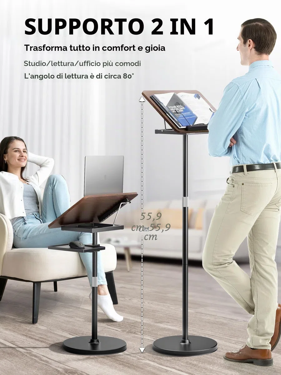 [2 in 1 Staccabile] Supporto PC Portatile Altezza Regolabile 60-130 cm, Tavolino Portatile Standing Desk per Supporto Proiettore, Leggio Musicale, Leggio per Libri - nero
