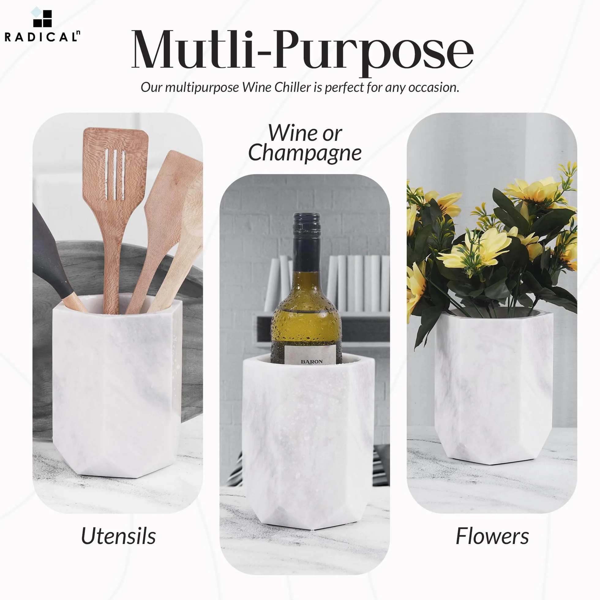 Radicaln Raffreddatore per vino in marmo bianco, 16,5 cm, fatto a mano, isolato, per champagne, portabottiglie e bevande per accessori da bar, portabottiglie per bar
