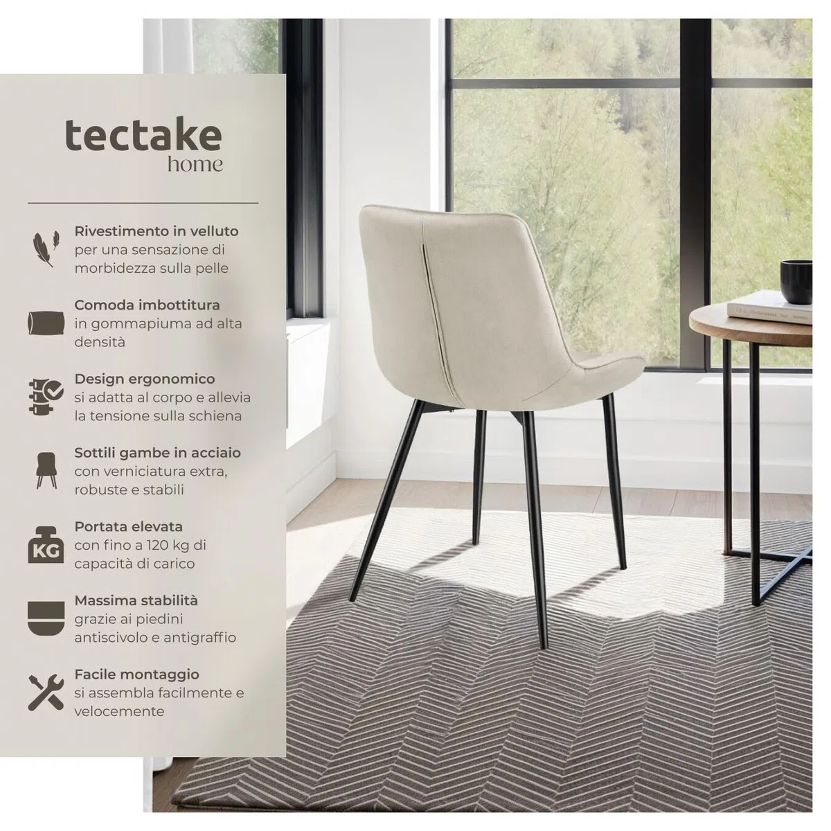 tectake® Set 2 Sedie Sala da Pranzo Effetto Velluto, Sedie Soggiorno con Morbida Imbottitura, Seduta Ergonomica, Poltrone Velluto Versatili, Sedie Design Moderno - Crema