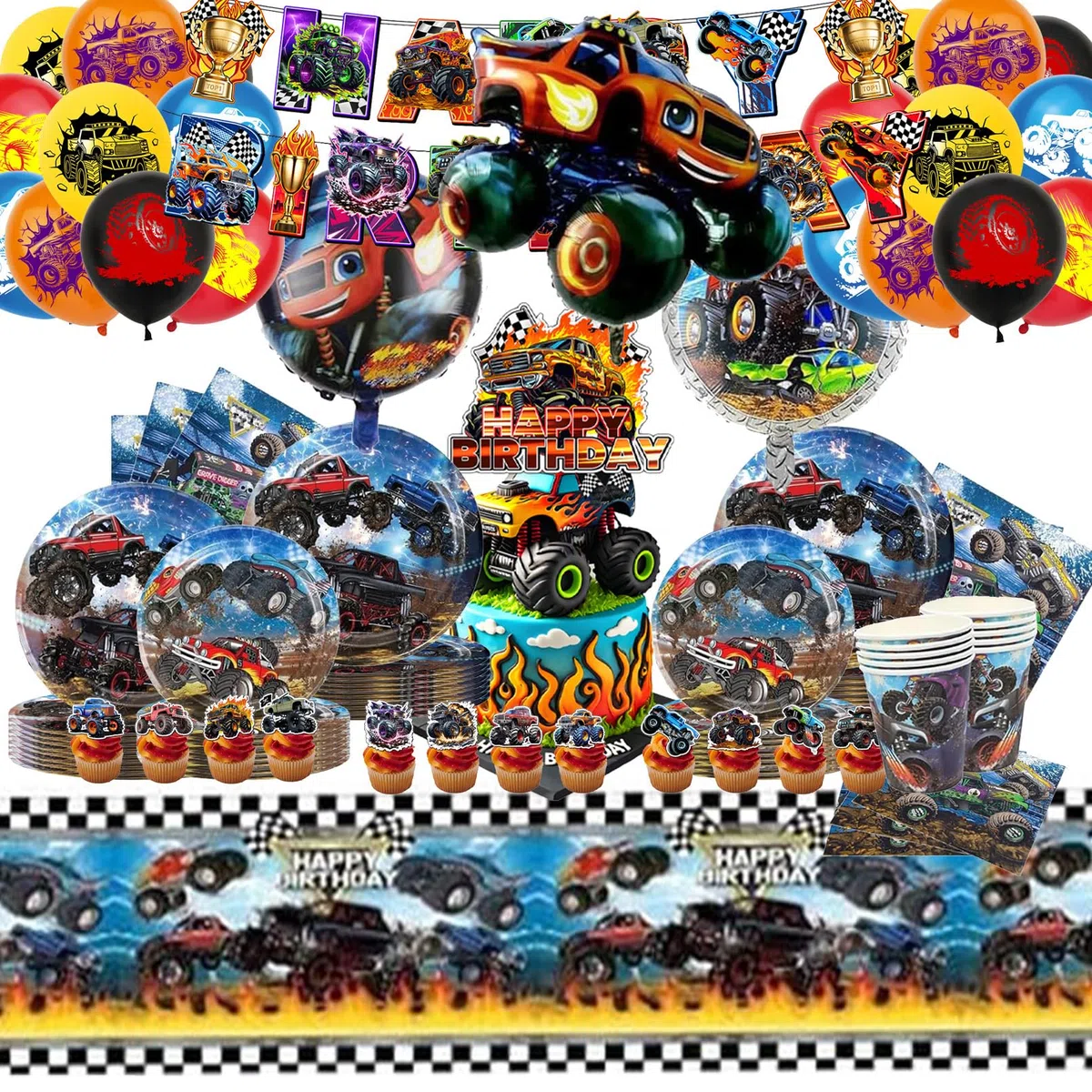 88 Pezzi Monster Truk Stoviglie per Feste di Compleanno，Addobbi Compleanno Cars，Cars Tovaglioli, Monster Truk Tovaglia, Piatti di Carta，Adatto a 10 persone