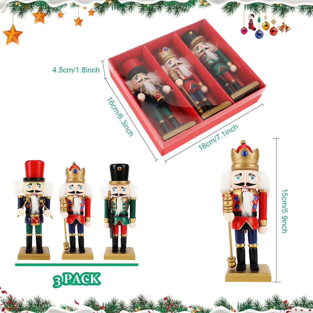 Schiaccianoci di Natale, 3 Pezzi Schiaccianoci in Legno Classico Decorazioni natalizie per l’albero di Natale, Tavoli, Mensole e Festivi Decorazione, 5.9"