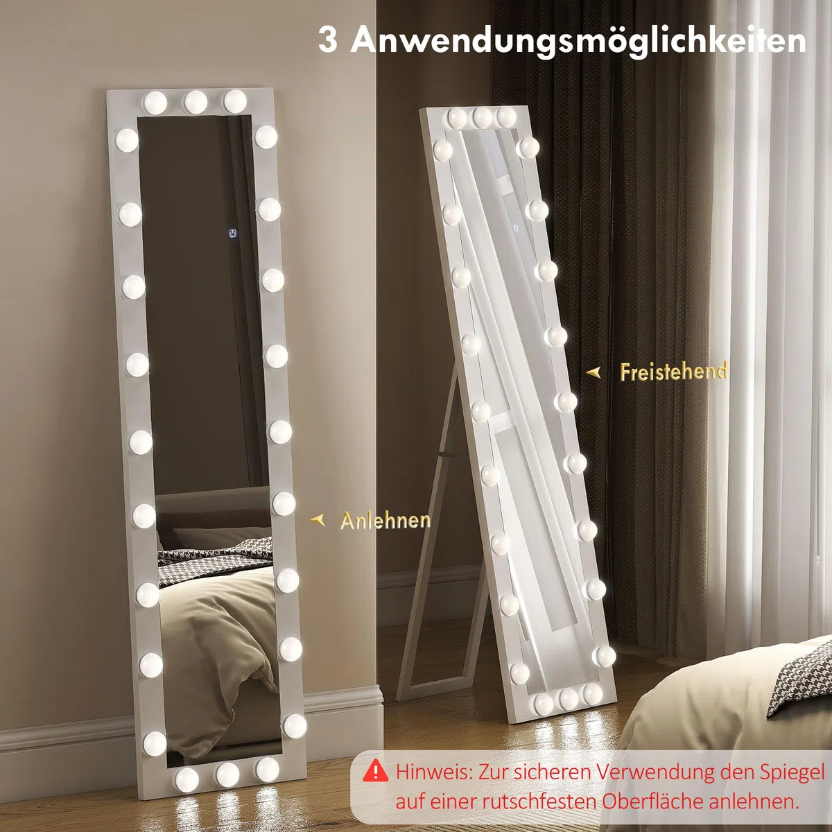 HOMCOM Specchio a figura intera 150 x 40 cm Specchio a LED con 24 lampadine 3 colori di luce dimmerabili Specchio da parete con interruttore a sfioramento, funzione memoria specchio reclinabile per