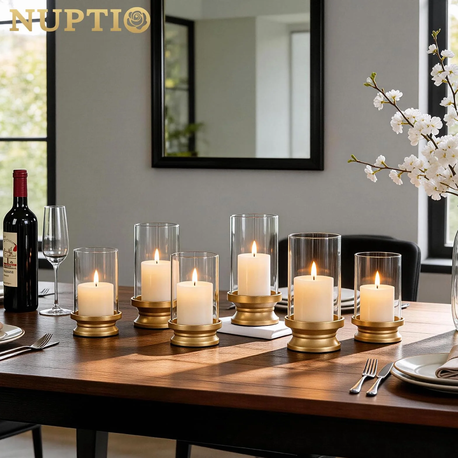 NUPTIO Portacandele A Uragano Oro: Set Di 2 Portacandele Candele A Colonna Con Manicotto In Vetro Trasparente Supporti Decorativi In Metallo Matrimonio Festa Di Natale Tavola Da Pranzo Centrotavola