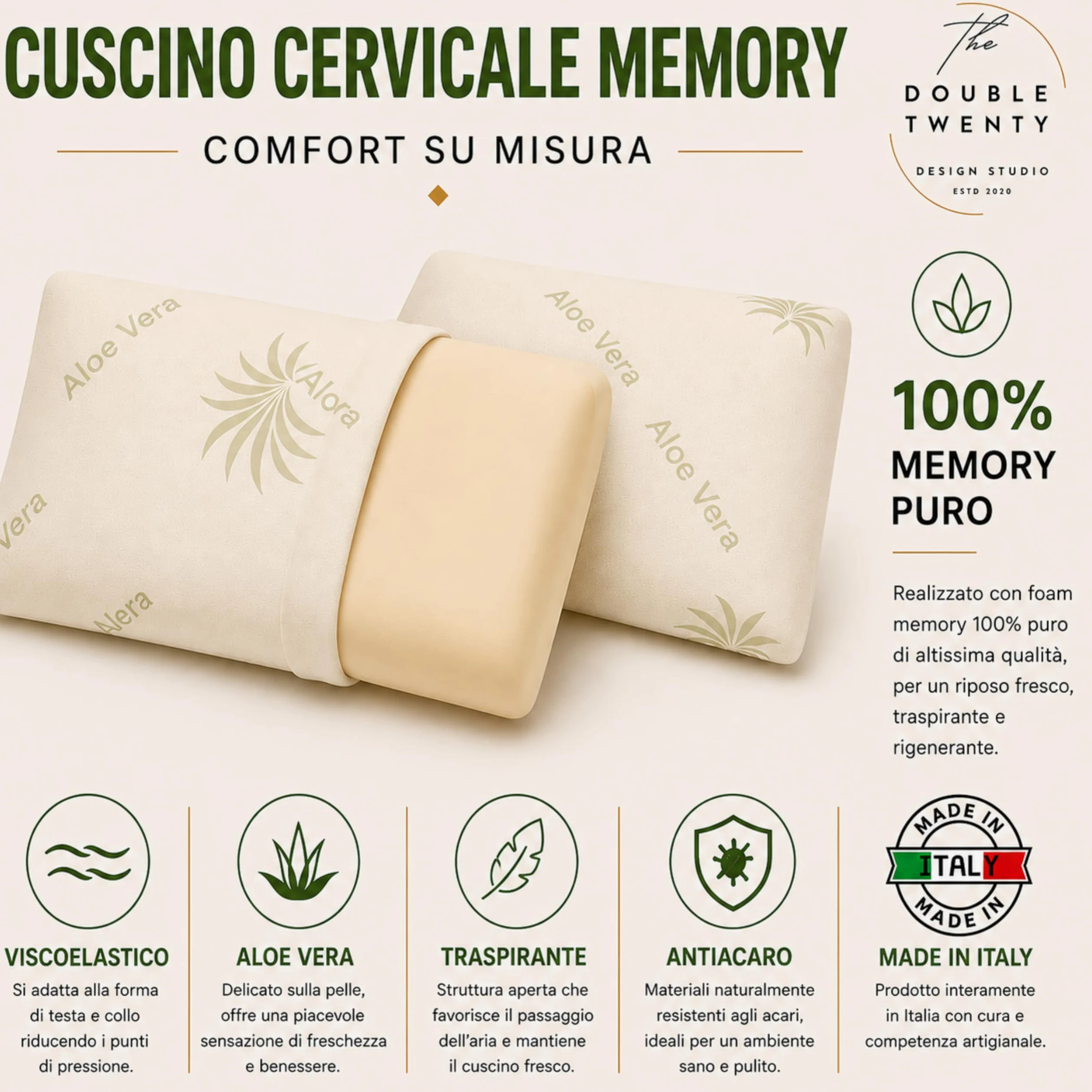 The Double Twenty | Cuscino Memory Foam BASSO 8 cm – Supporto Cervicale Ergonomico ad Alta Densità (Sostegno Deciso) – Modello Saponetta con Federa Aloe Vera – Ideale per Bambini e Posizione Supina