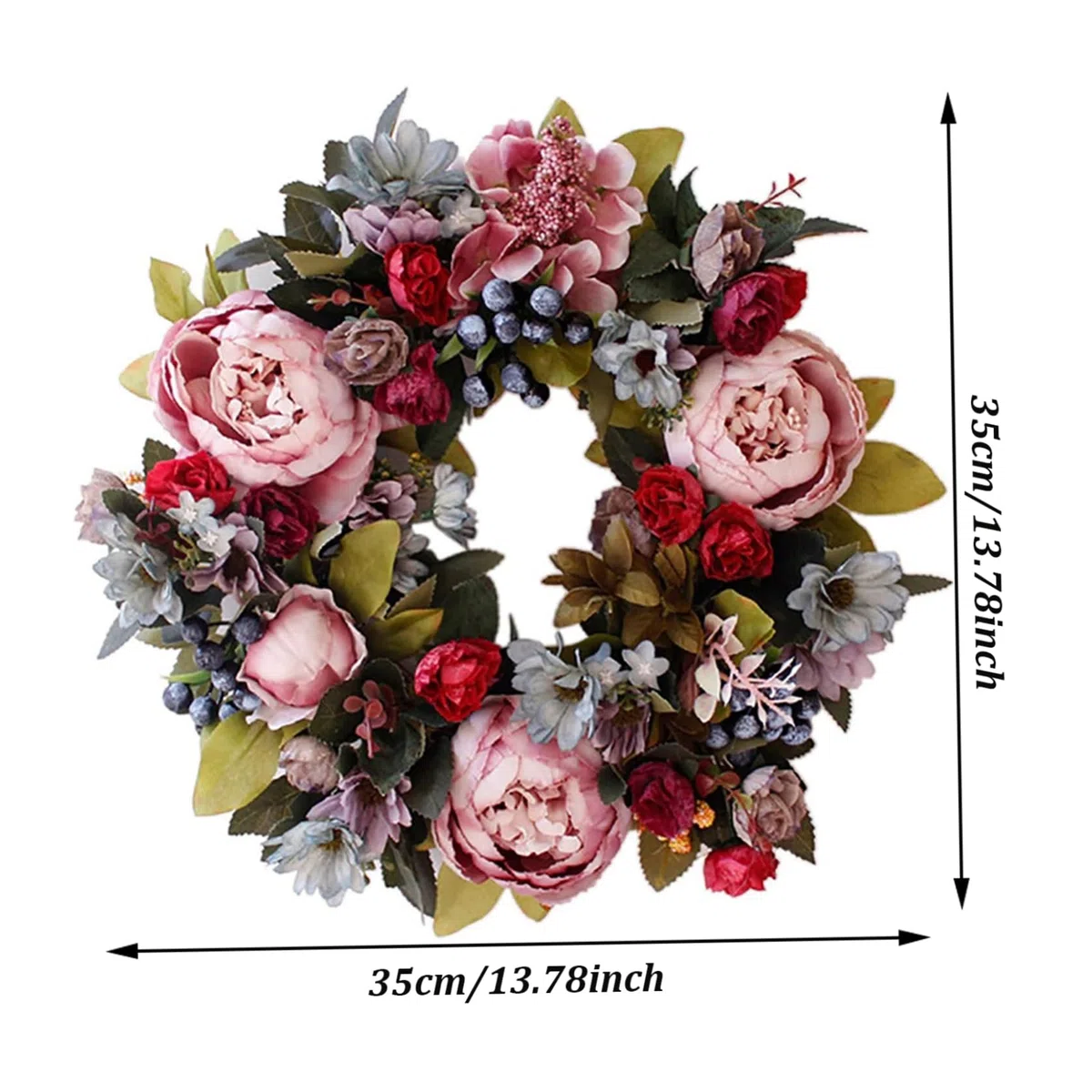 Ghirlanda per porta primaverile, ghirlanda di peonie artificiali, 13, 78 pollici ghirlande di fiori artificiali sospesi per porte all'aperto tutto l'anno, per la decorazione di ghirlande di San Vale