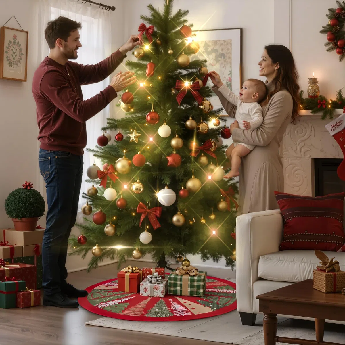 Lanpn Tappeto Sotto Albero di Natale Copribase Albero 90cm, Grande Velluto Copertura Base Tappetino Copri Base Piede Gonna per la Decorazioni per interni per feste invernali in casa (Rosso)
