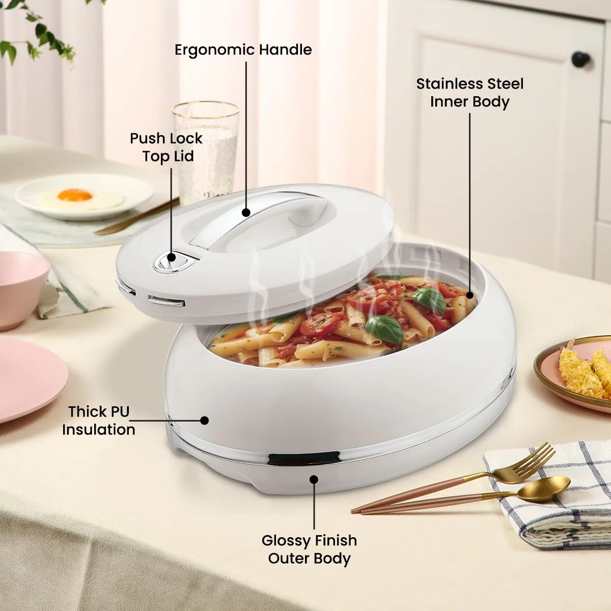 Elegante casseruola ovale isolata grande – coperchio aperto con una mano – 0,9 l – scaldavivande di lusso – ciotola termica per buffet/feste – contenitore per alimenti caldi in acciaio inox – argento