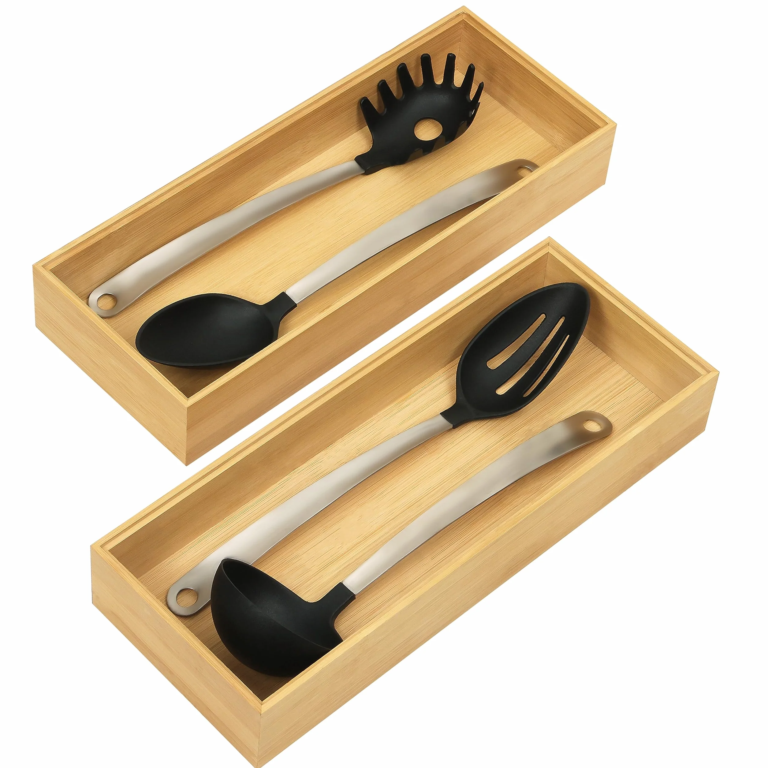 Winter Shore Organizer Cassetti Cucina in Bambù [2 Set] - Portaposate Legno Naturale Impilabili - Porta Posate Cucina Cassetto Grande per Dispensa e Argenteria - 15,5 x 6,5 x 38,5 cm
