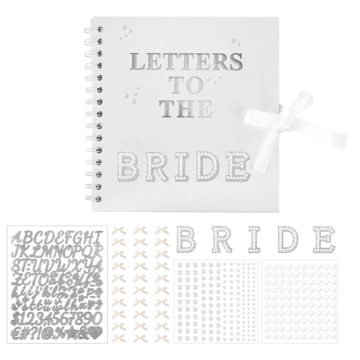 Penitue 21x20,5cm Kit Scrapbook Letters to the Bride, Libro Ricordi Nozze Libro degli Ospiti Bianco Sposa Album Fotografico con Adesivi Lettere Metalliche e Perle e Fiocchi Regalo Bridal Shower