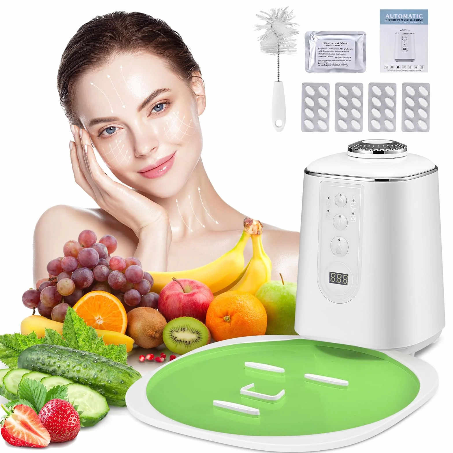 Macchina per Maschere Viso, 32 Capsule di Collagene Incluse, Realizzazione di Maschere Viso Fai-da-Tea con Frutta e Verdura, Pulizia Automatica, Assistente Vocale Intelligente, per Spa Facciale