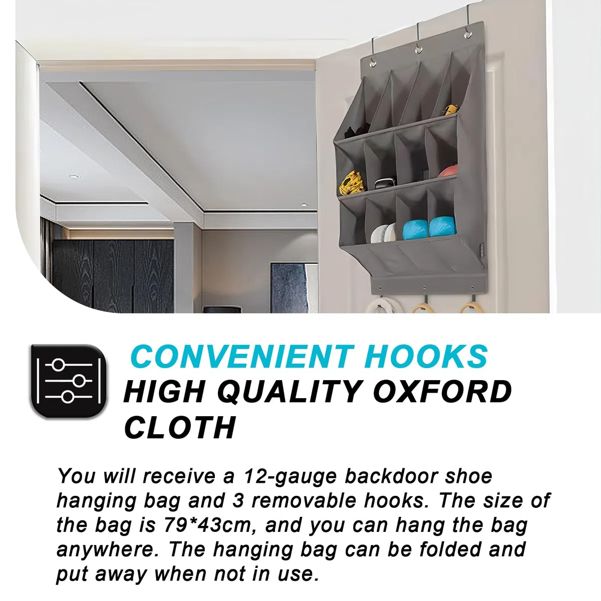 Organizer per scarpe sopra la porta: 12 tasche, organizer per scarpe da appendere con 6 ganci, salvaspazio, per scarpe, per scarpe, accessori per la casa, ecc, WLQ-RA121-GD