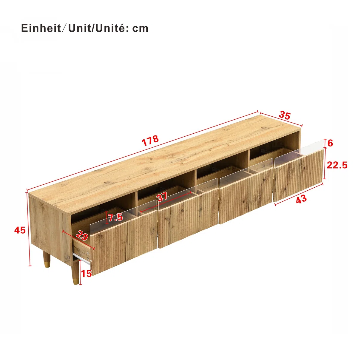 Azkoeesy Mobile TV con illuminazione a LED e 4 cassetti, 178 x 35 x 45 cm, con accenti dorati, vano portaoggetti XL per soggiorno, robusto MDF e acrilico, design moderno (naturale)