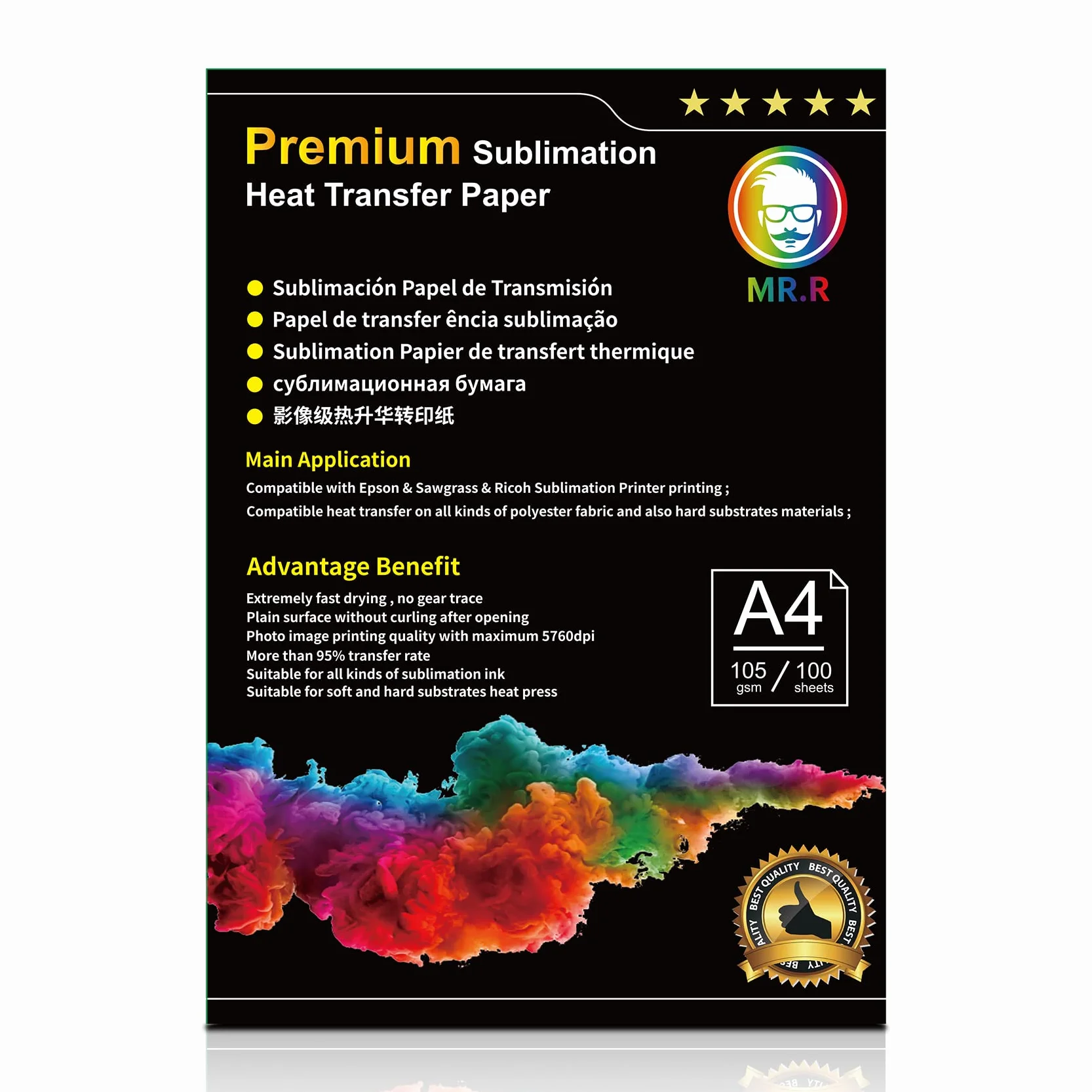 MR.R Carta per trasferimento di calore a sublimazione Premium per EPSON e Sawgrass 105 gsm A4 8.25''X11.69'', 100 fogli per confezione