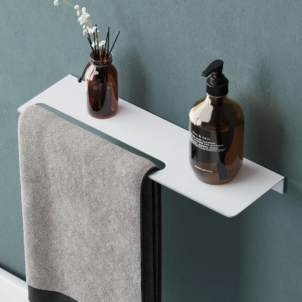 Mai & Mai Mensola da Parete Multifunzionale 40cm, Mensola per Doccia in Alluminio con Portasciugamani Mensola da Appendere per Bagno e Cucina, Bianco Opaco, Reglo-06