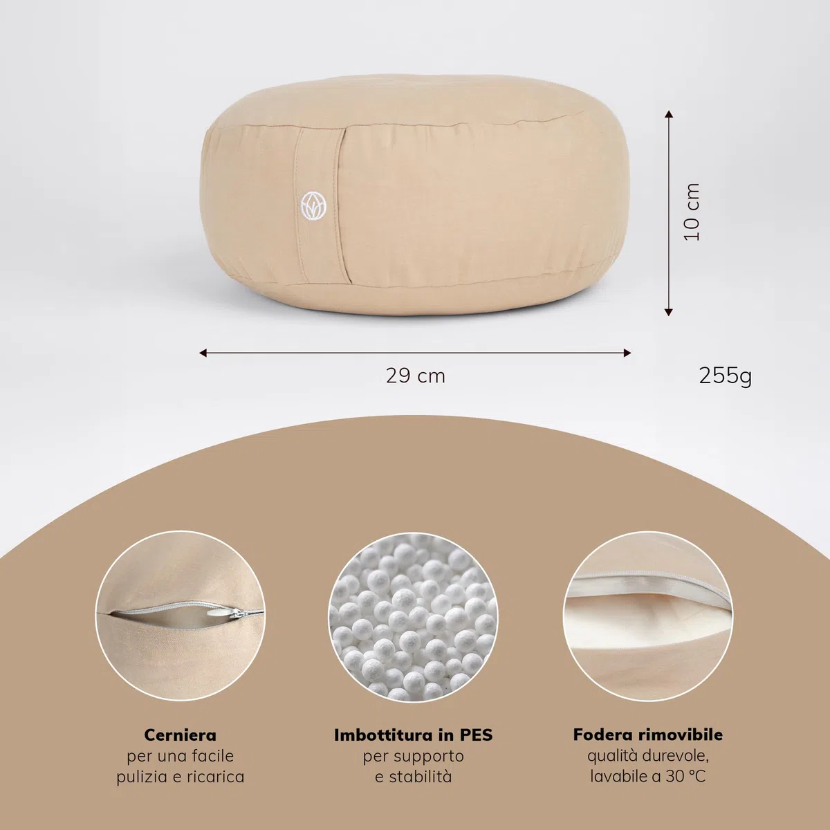 MYLILY Cuscino Yoga Meditazione – cuscino yoga rotondo Ø 29 cm – 10 cm piatto & 255 g leggero – cuscino pavimento con fodera cotone lavabile – vegano – Beige