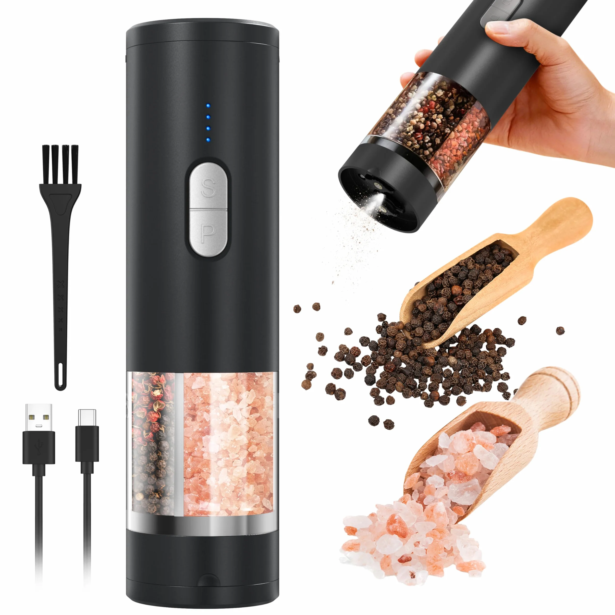 Set macina sale e pepe elettrico 2 in 1 (ricaricabile tramite USB), macina sale e pepe automatico con illuminazione a LED, funzionamento con una sola mano, grana regolabile, perfetto per cucina