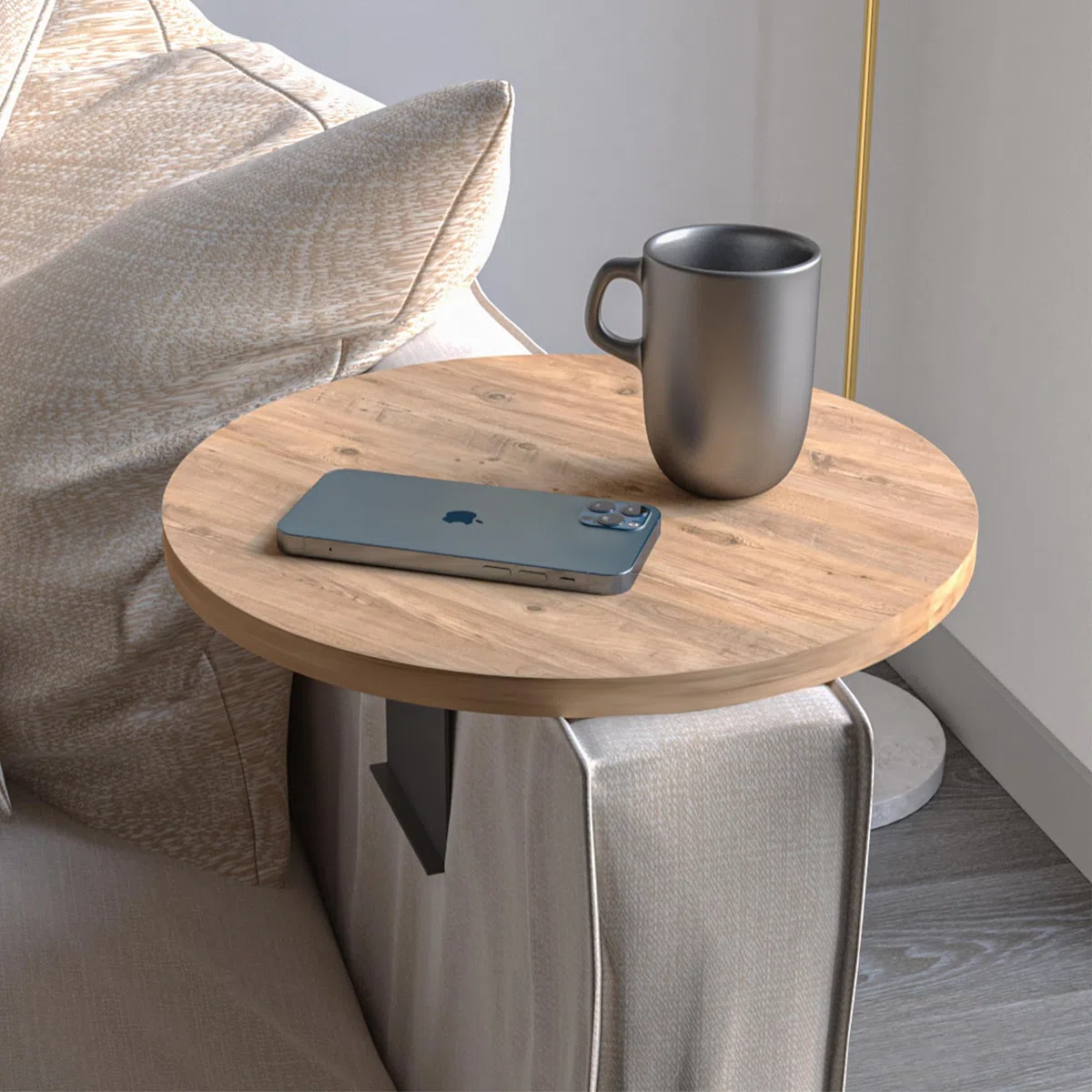 Vassoio da divano con bracciolo, vassoio regolabile per divano e bevande, design speciale, pratico supporto in metallo, diametro 35 cm (effetto legno)