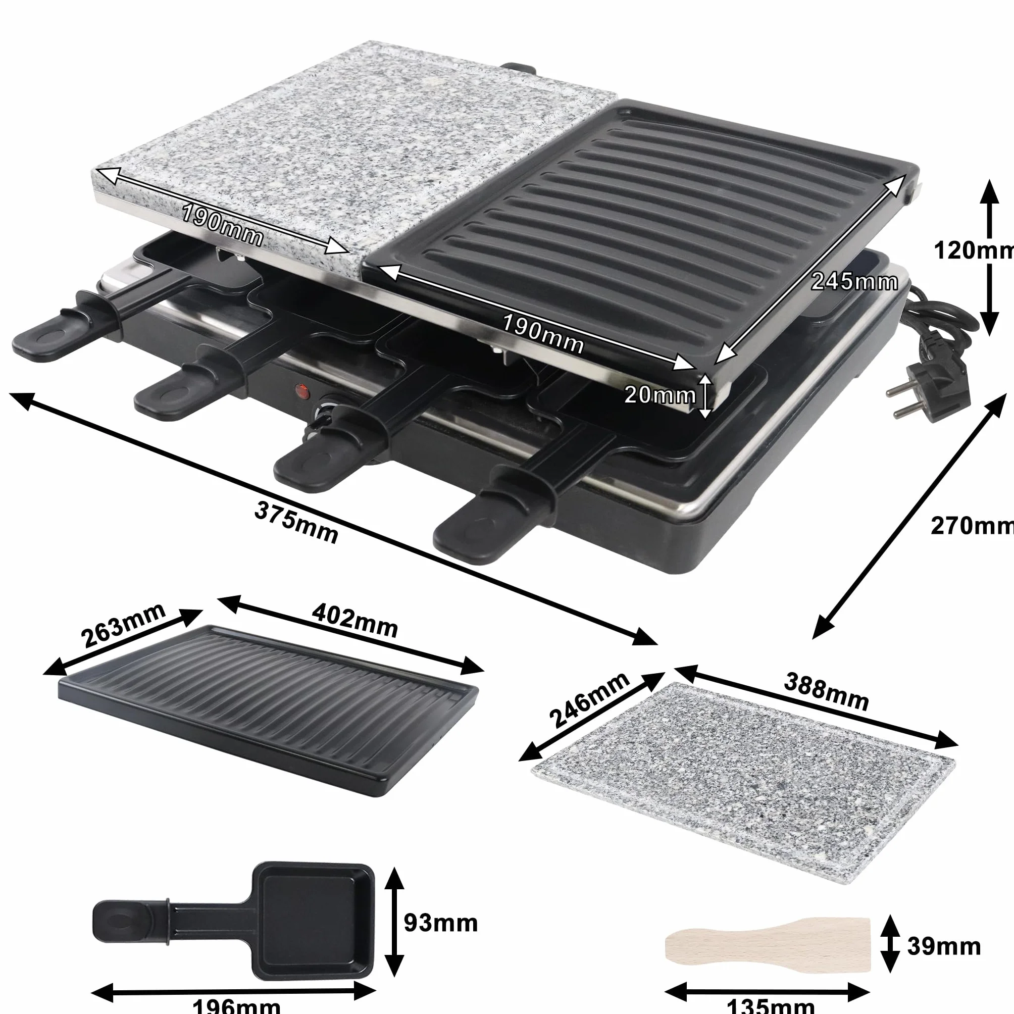 1400W Grill per Raclette per 8 Persone, Doppio Piano da Tavolo Antiaderente, con Piastra in Pietra, Piccole Tazze, Spatola in Legno e Cavo in Acciaio Inox, Elettrico per Feste e Campeggio