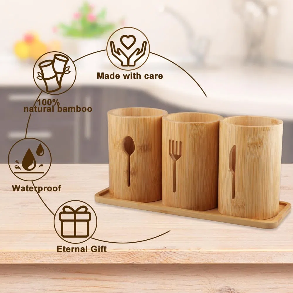 Porta-Utensili da Cucina, 3 Scomparti Per Utensili Da Cucina In Legno Portautensili in Bambù per Stoccaggio di Cucchiai, Forchette, Coltelli e Utensili da Cucin