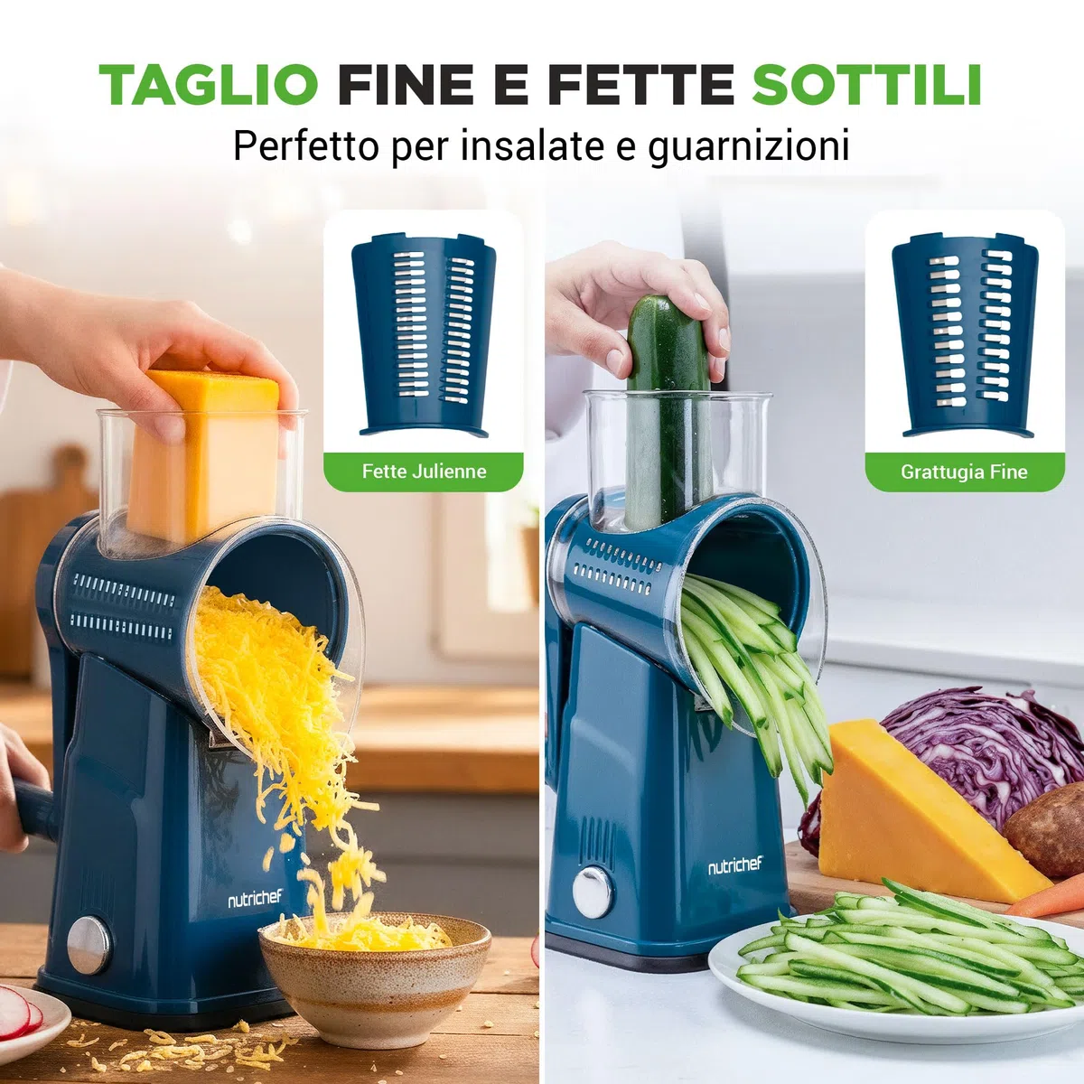 NutriChef Mandolina per Verdure 5 in 1 e Grattugia Formaggio per Cucina, Affetta Verdure con 5 Lame Intercambiabili, Manovella, Base a Ventosa e Contenitore, Accessori Cucina, Blu