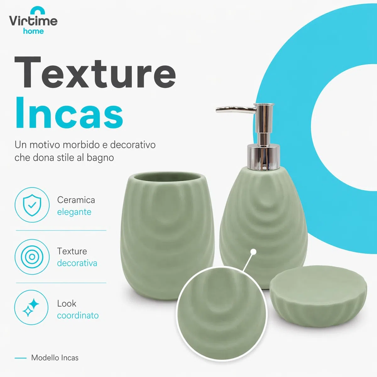 Set Accessori Bagno 3 Pezzi in Ceramica Lucida Modello Incas, Dispenser Sapone Liquido, Porta Spazzolini e Porta Saponetta (verde)