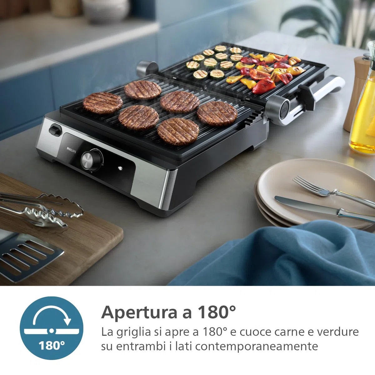 Philips Griglia Elettrica - Contact Grill. Temperatura regolabile. Ampio grill e prestazioni ad Alta Potenza. Piastre Antiaderenti e vassoio raccogli grasso rimovibili. (HD6301/90)