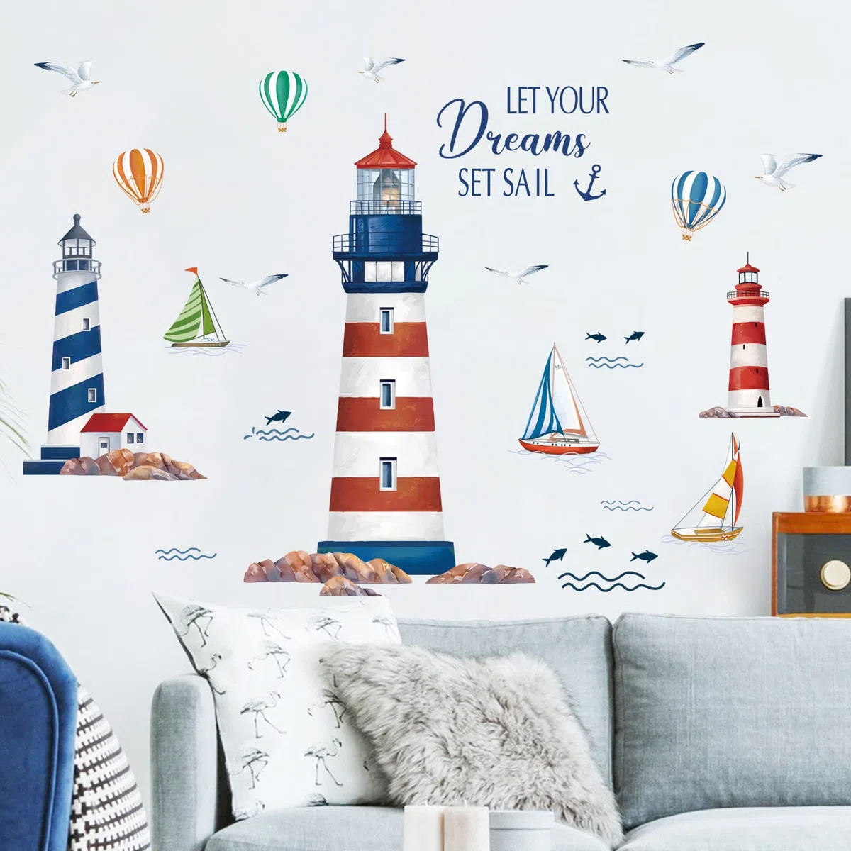 wondever Adesivi Murali Faro Mare Sticker da Muro Barca A Vela Nautico Adesivi da Parete per Camerette Bambini Camera da Letto Soggiorno