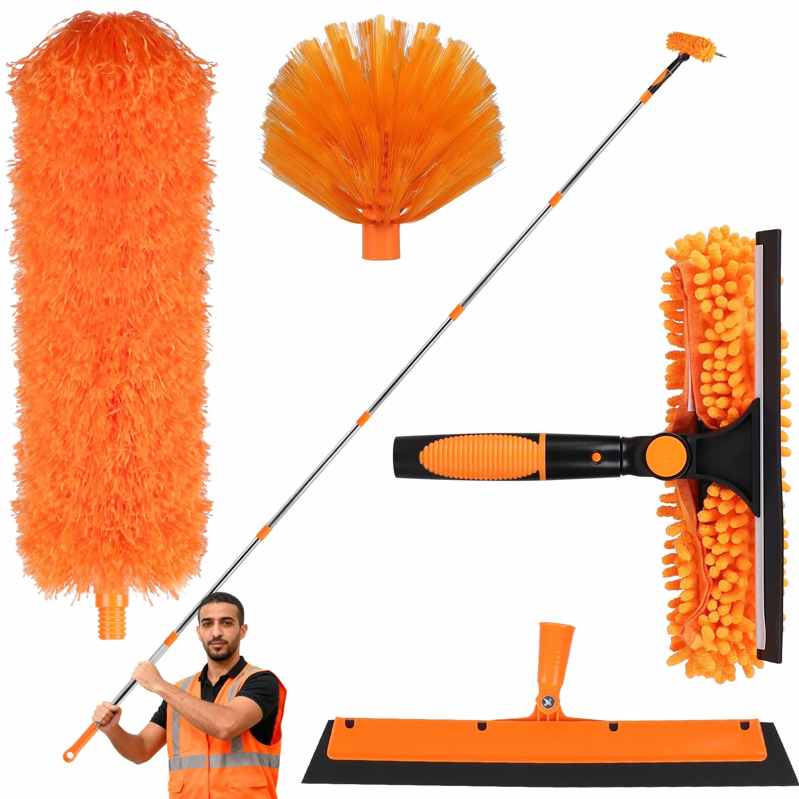 LALAGO Spolverino per Polvere Allungabile, Kit Pulizia Vetrate incluso Asta Telescopica da 1,5 a 4,5 m, Cattura-Polvere Telescopico in Microfibra, Tergicristallo, Pulizia per Finestre 2 in 1 (Set B)
