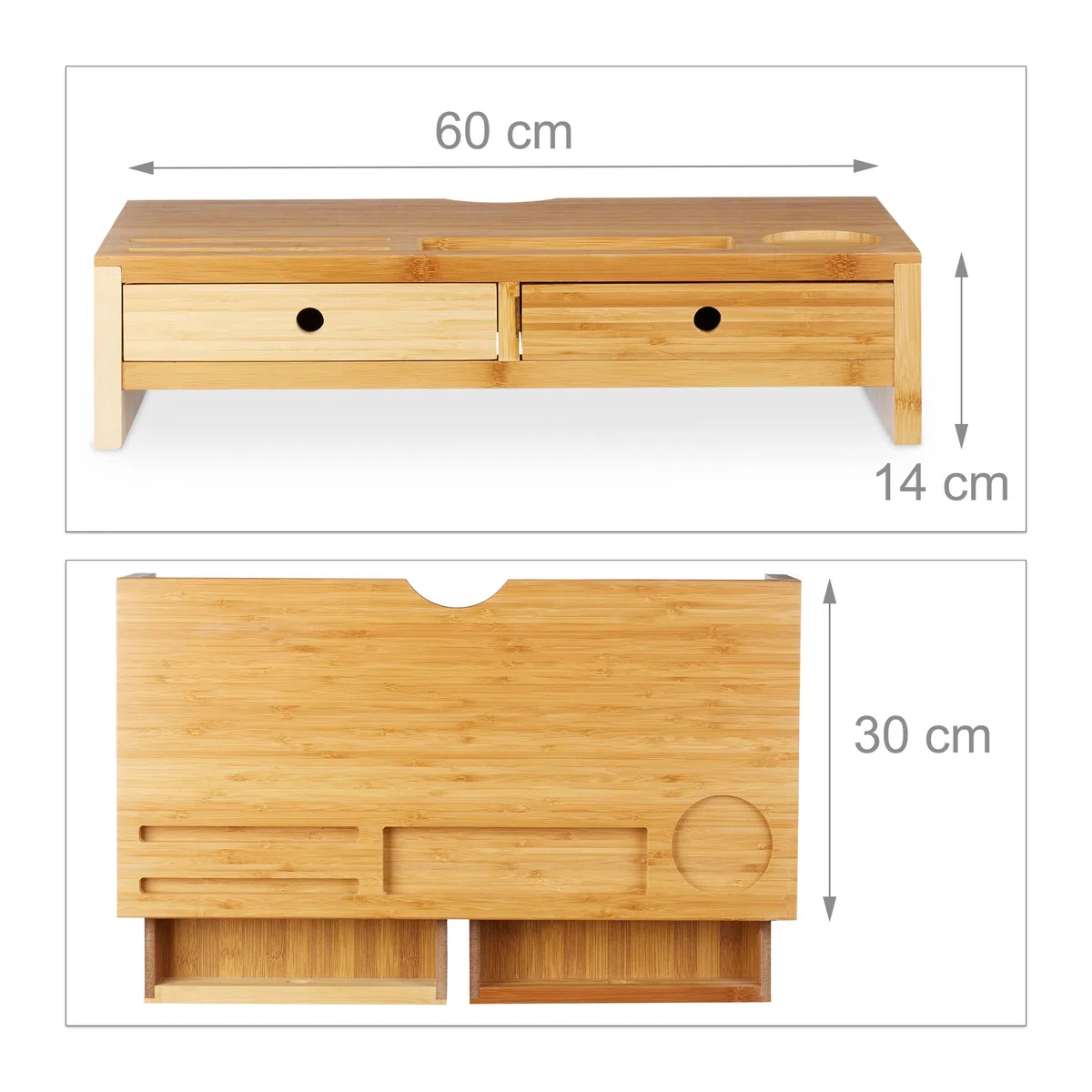 Relaxdays Supporto per Monitor, bambù, Rialzo per PC, 2 Tiretti & Scomparti, HLP 14 x 60 x 30 cm, Bianco/Legno Naturale