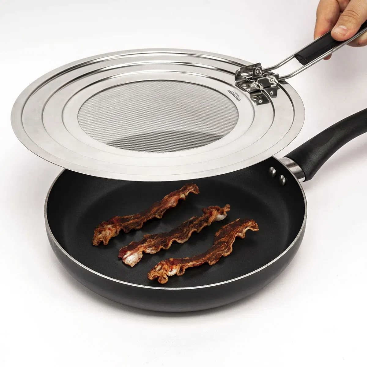 Westmark Coperchio Paraspruzzi, Per Pentole e Padelle con Diametro di 20, 24 e 28 cm, Manico con Isolamento Termico, Acciaio Inox, Exclusiv, Argento/Nero, 12192270