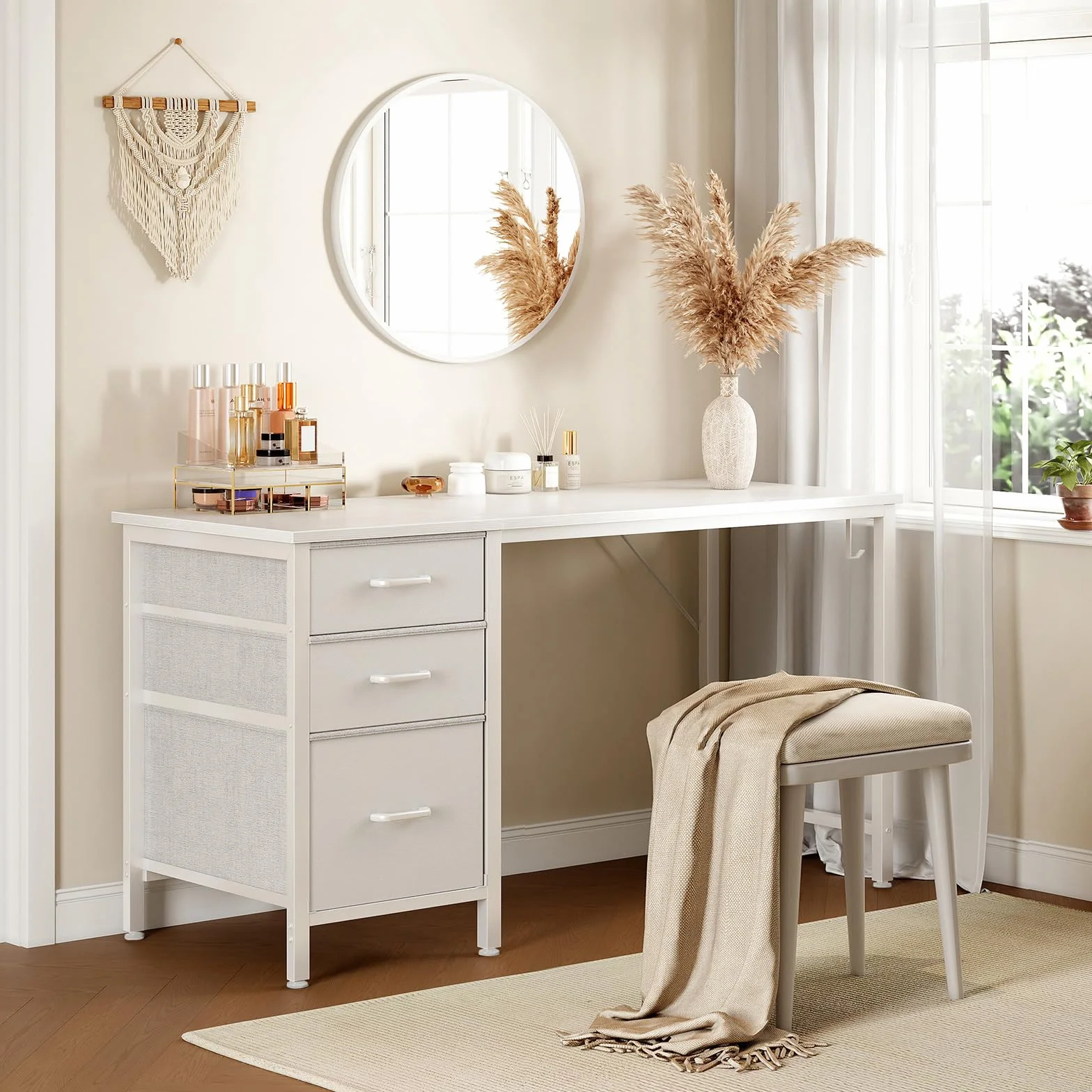 Coleshome Scrivania con 3 Cassetti in Tessuto, 120x48cm Scrivania Salvaspazio con Portacuffie, Bianco Scrivania Computer Reversibile per Piccolo Ufficio in Casa