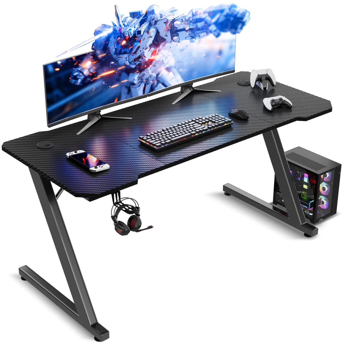 TRIUMPHKEY 120x60cm Scrivania Gaming/Tavolo Gaming - Piano in Carbonio Senza LED, Gambe a Z Ultra Resistente (100kg), con Gancio Cuffie, Design Moderno