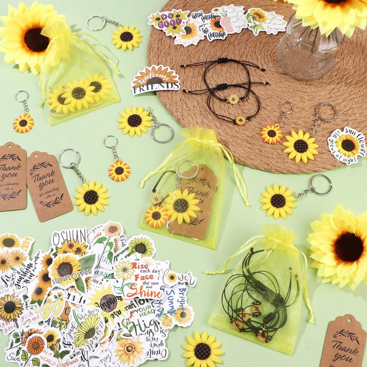 130 regali per feste a forma di girasole con portachiavi con girasole regolabili, adesivi per girasole, etichette di ringraziamento, sacchetti in organza per compleanni, matrimoni, feste estive